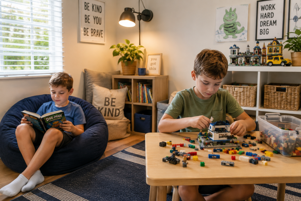 A boy reading in a cozy corner while another builds LEGO at a separate table.