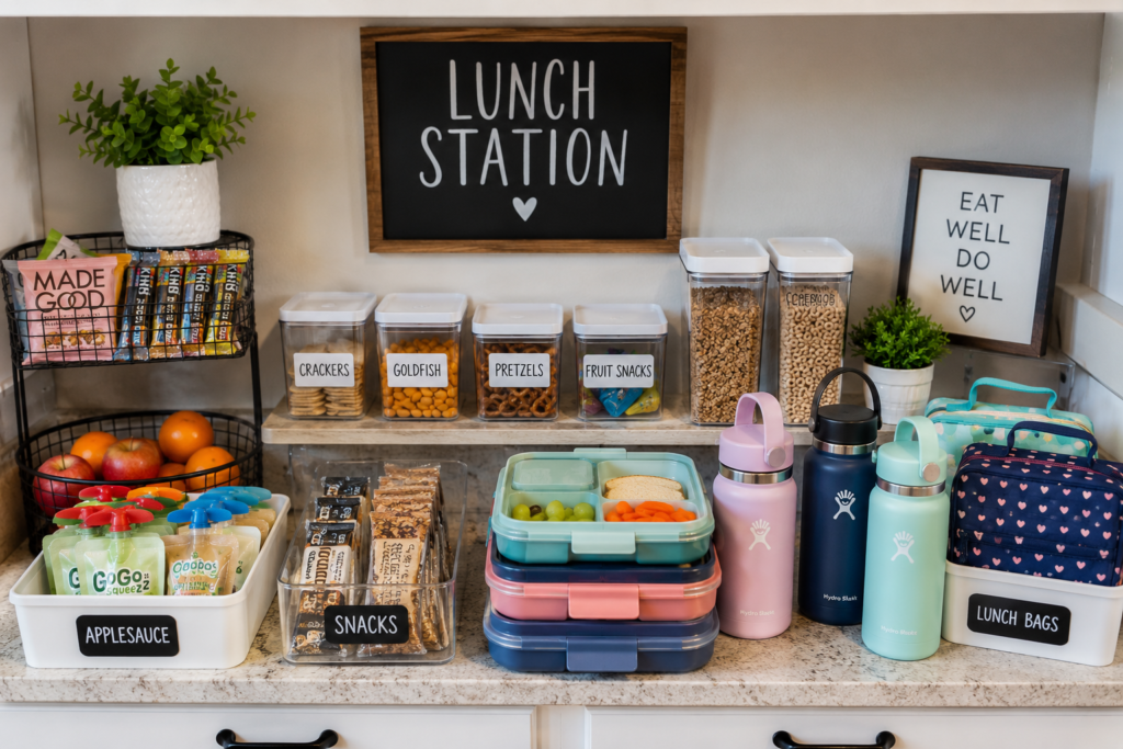 An organized lunch station with lunch boxes, snacks, containers, and water bottles.