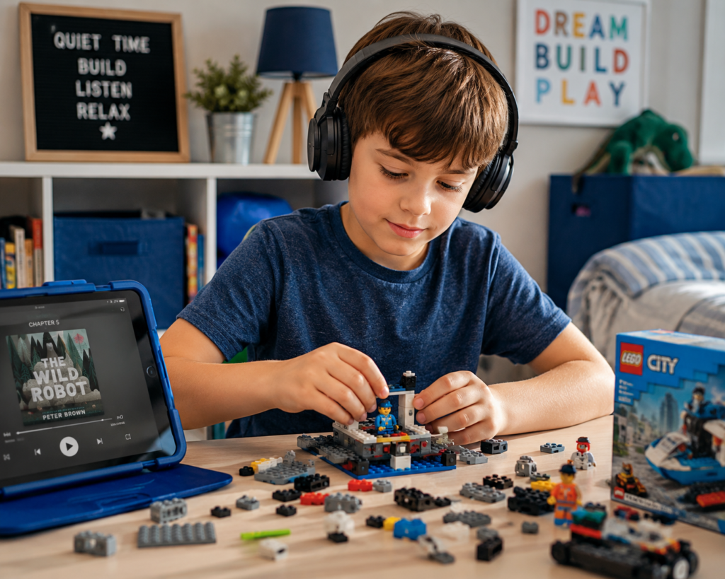 Boy listening to an audiobook with headphones while building LEGO.