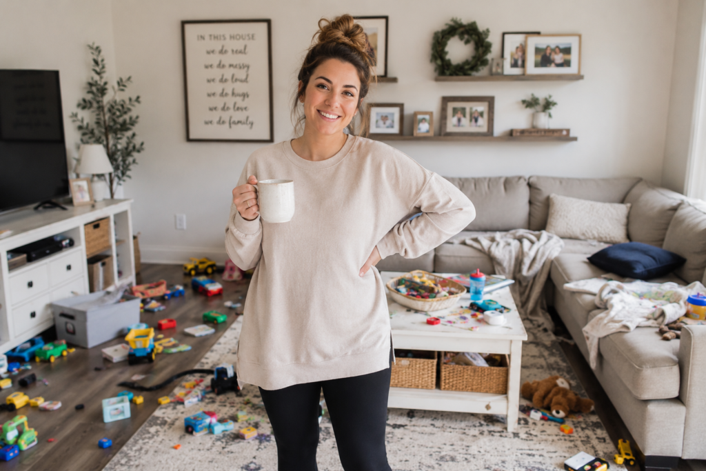 Mom standing in a messy living room with toys scattered everywhere while smiling and holding a coffee cup.