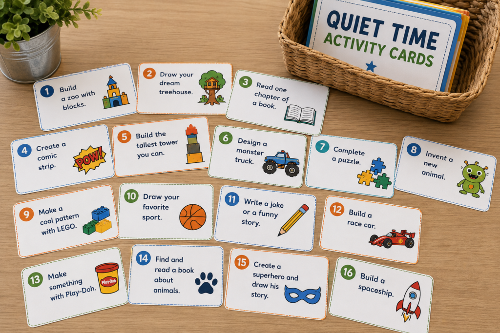 Quiet time cards spread out on a table.