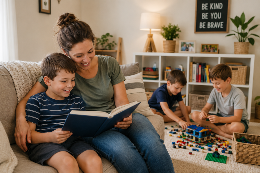 Mom sitting with one son on the couch reading while the other children play nearby.