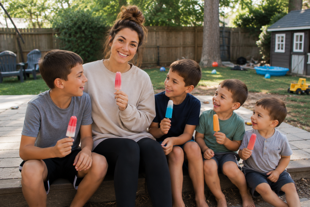 Family enjoying popsicles outside without a perfectly clean backyard.