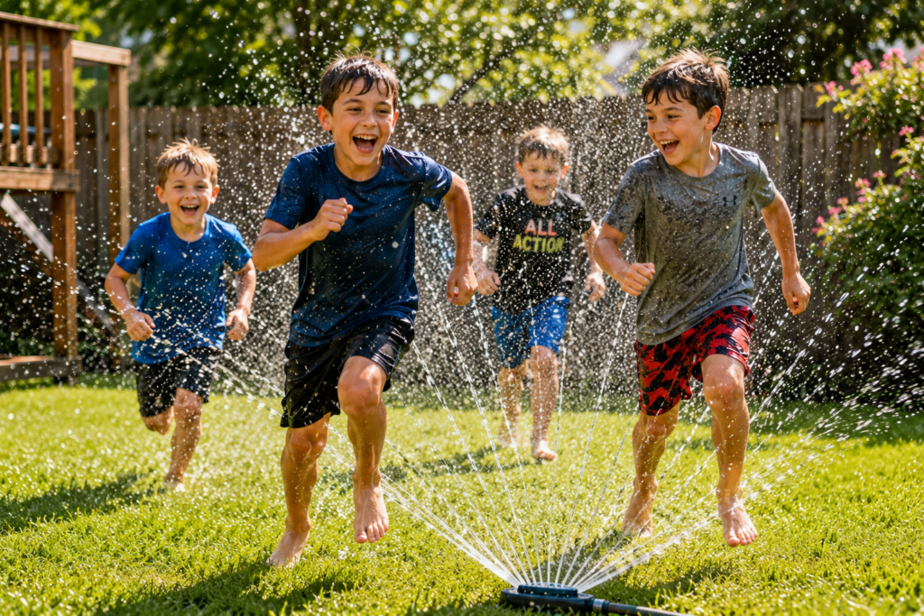 Brothers running through sprinklers while laughing on a hot summer afternoon.