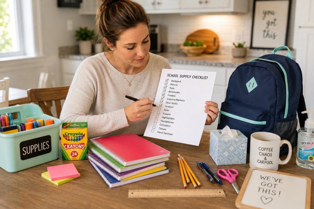 Mom checking school supplies against a checklist while sitting at the kitchen table.