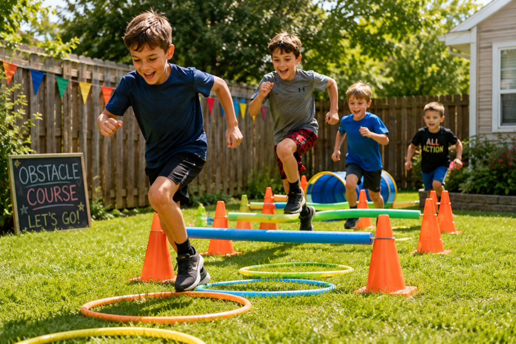 Four brothers racing through a homemade backyard obstacle course made with cones and pool noodles