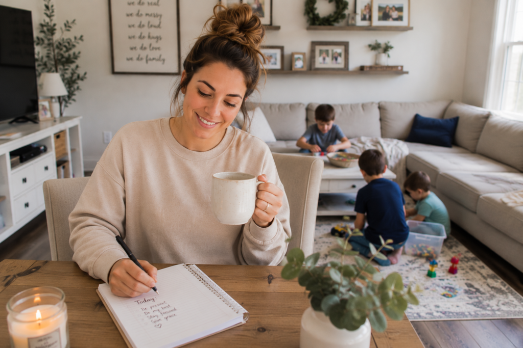 Mom journaling with coffee while kids play independently in the background.