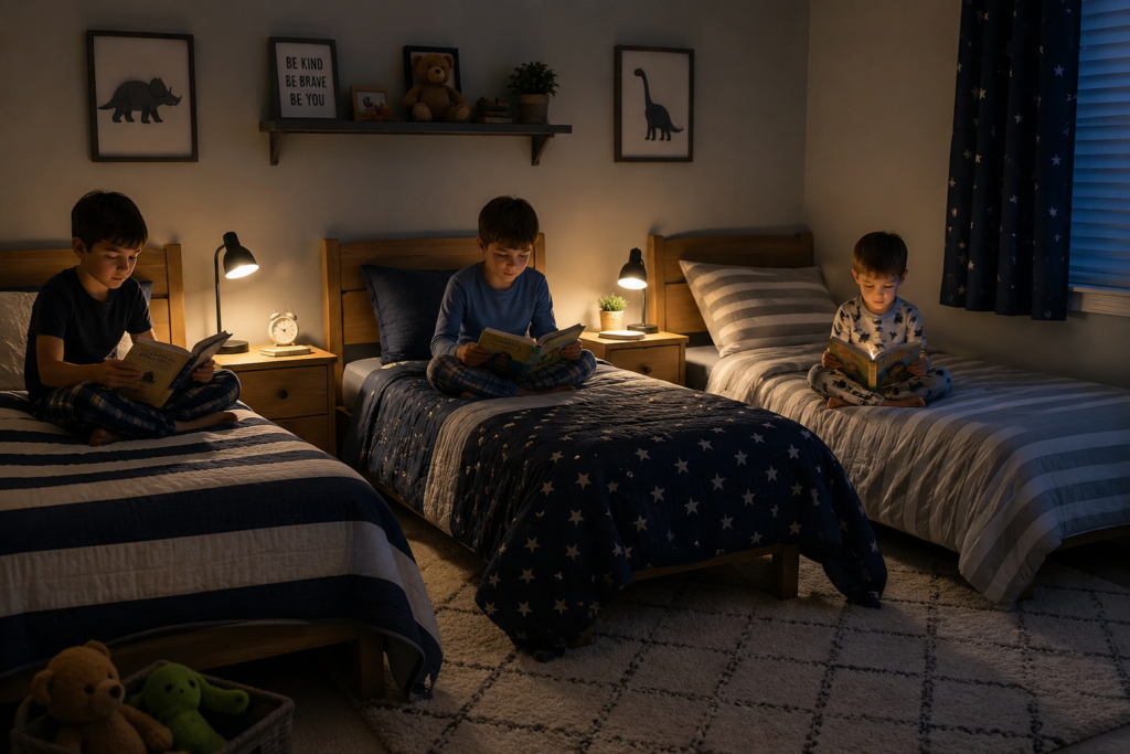 Three brothers sitting quietly on separate beds reading books before lights out.