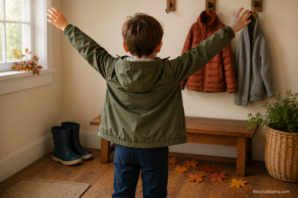 Boy testing the fit and movement of a lightweight fall jacket