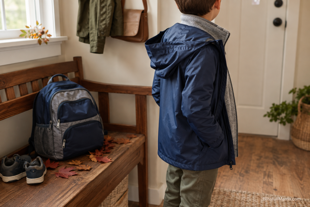 Boy wearing a lightweight rain jacket over a fleece for changing fall weather.