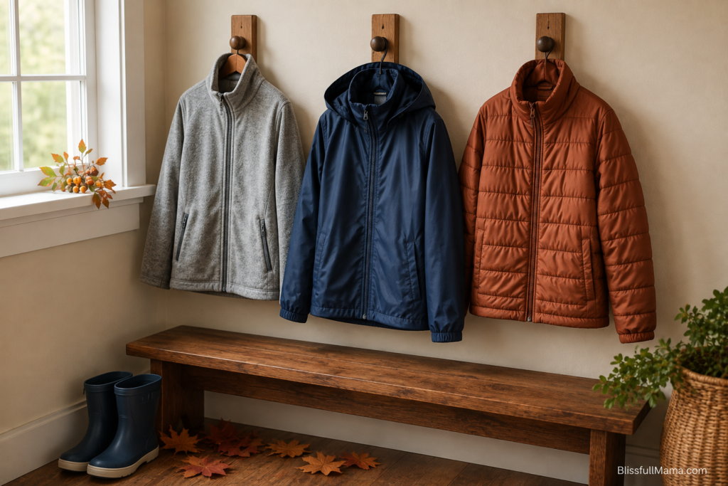 Fleece, rain jacket, and lightweight puffer for boys hanging on entryway hooks.