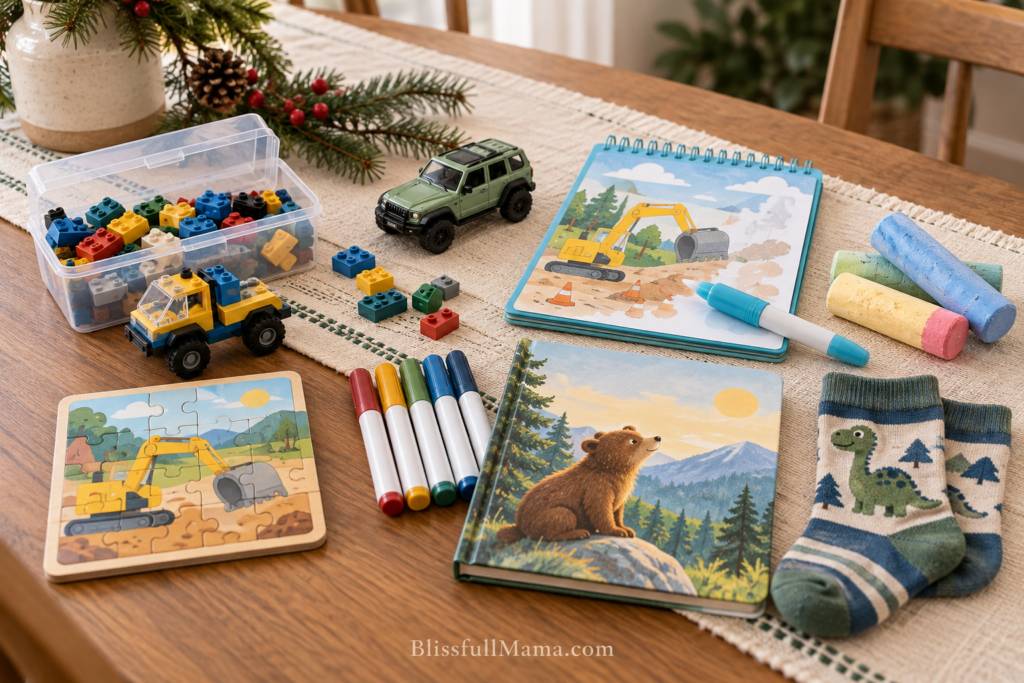 Safe stocking stuffers for toddler boys including a chunky car, board book, crayons and grippy socks