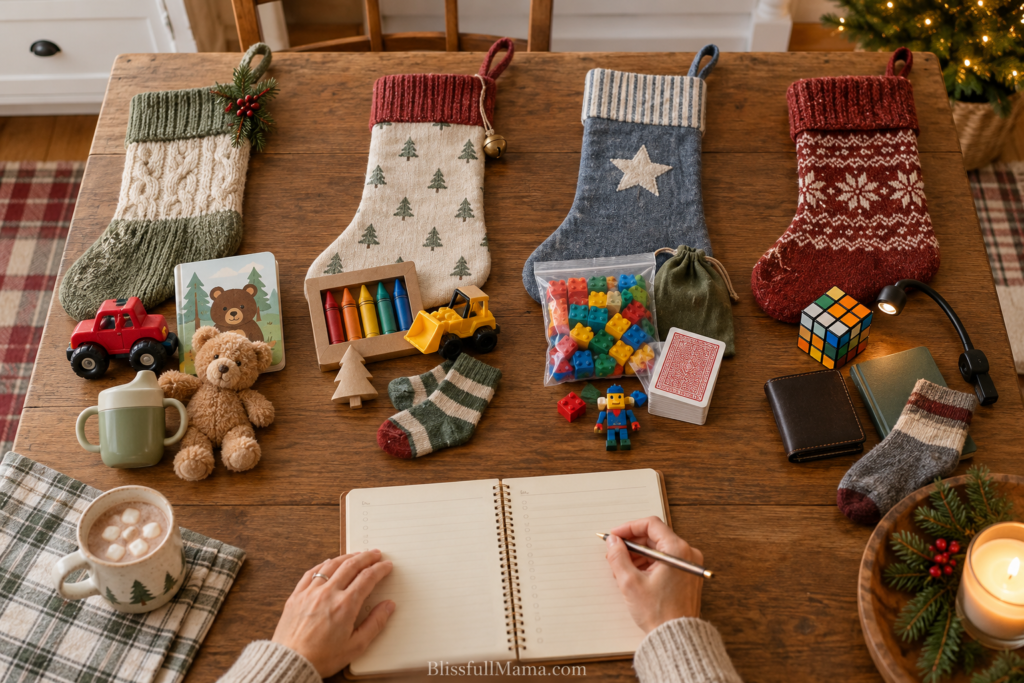 Mom planning fair Christmas stockings for four boys of different ages