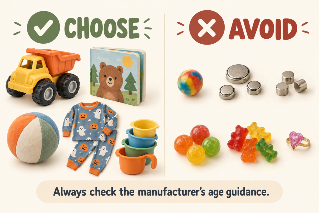 Toddler Boo Basket safety guide showing items to choose and avoid