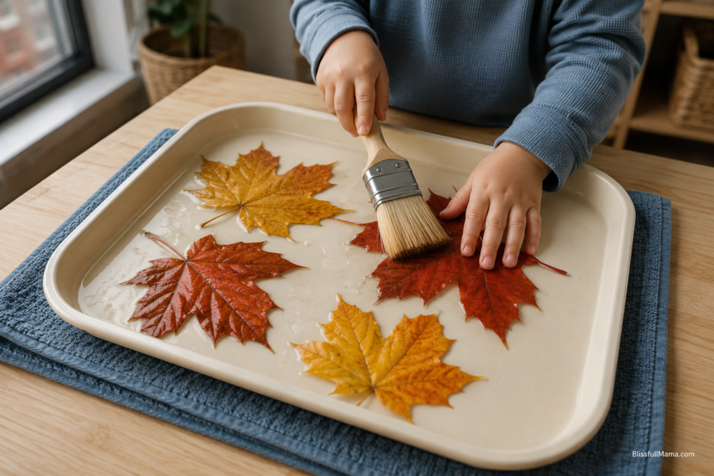 Toddler washing large fall leaves in a shallow sensory tray