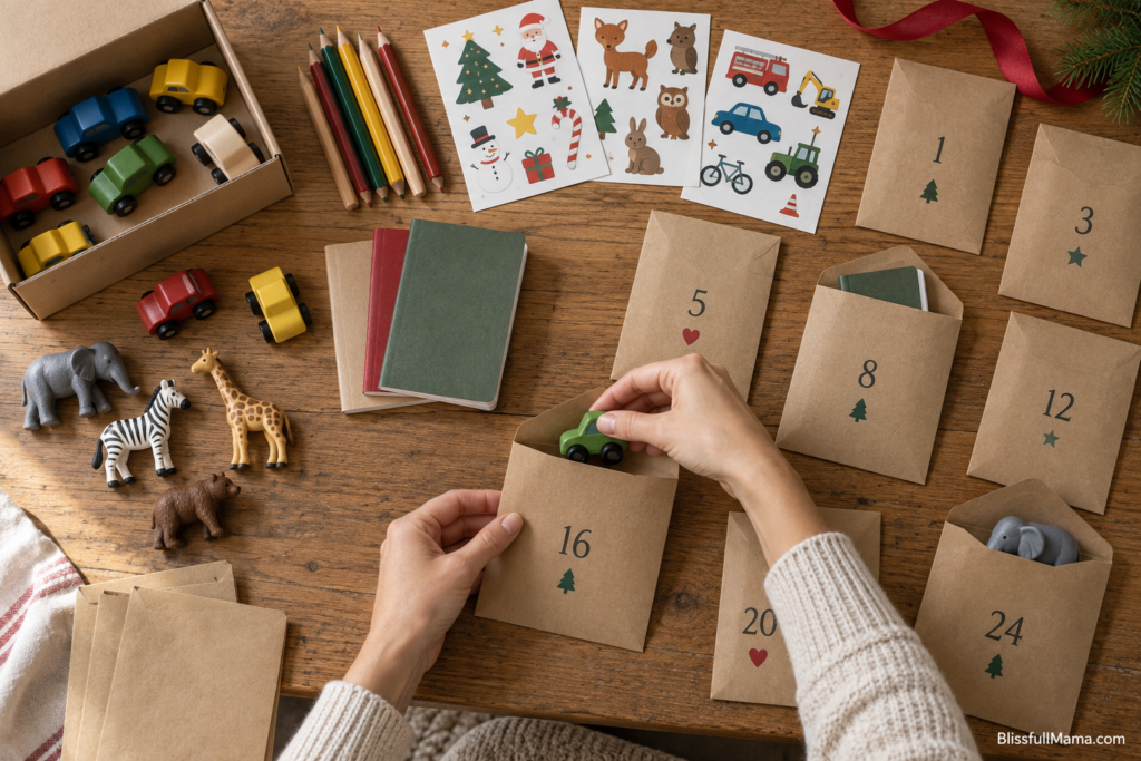 Toy cars, art supplies and useful items divided into affordable Advent calendar envelopes.