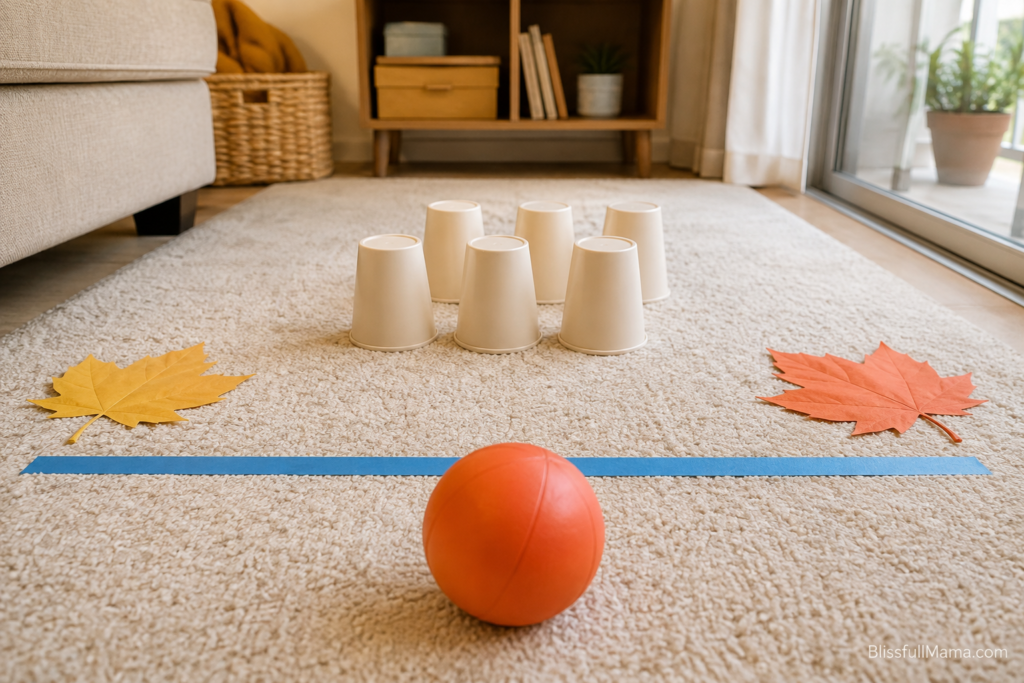 Indoor pumpkin bowling activity using a soft orange toddler ball