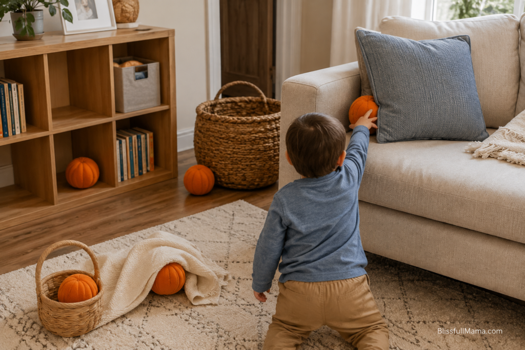 Toddler searching for soft pumpkins during an indoor fall activity