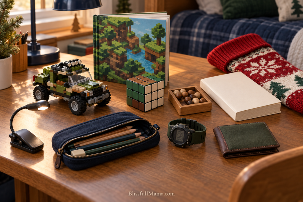 Stocking stuffers for boys ages 7 to 10 including building toys, puzzles, books and useful accessories