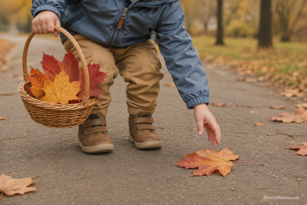 Toddler boy collecting large fall leaves in a basket