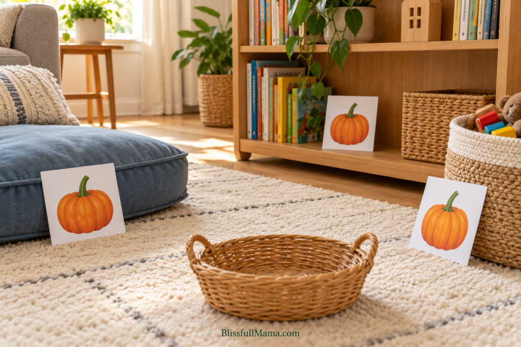 Three pumpkin picture cards around a living room with a collection basket.