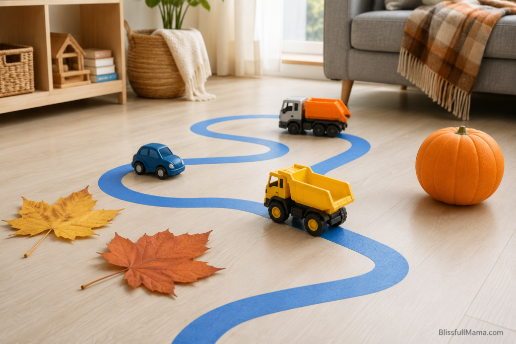 Painter’s-tape fall road activity with toy vehicles