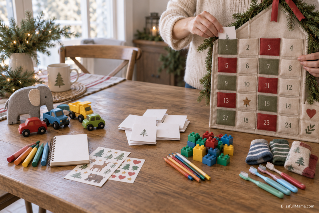 A mother preparing shared and individual non-candy Advent calendar fillers for four children.
