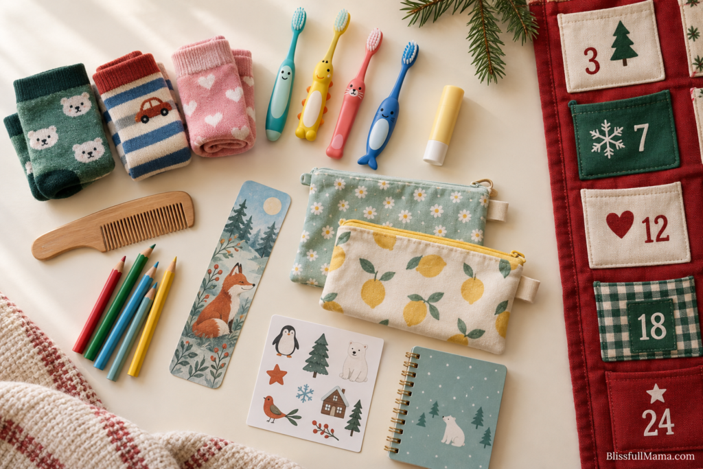 Useful Advent calendar fillers including socks, toothbrushes, pencils and reusable snack bags.