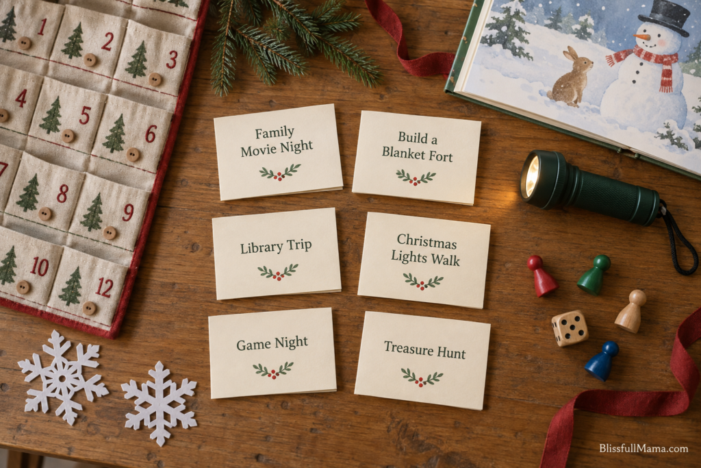 Low-clutter family activity cards used as non-candy Advent calendar fillers.
