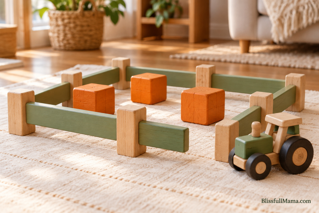 Orange wooden blocks inside a toy fence beside a wooden tractor.