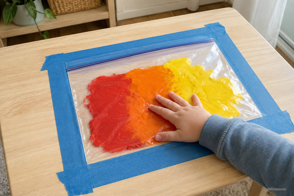 No-mess fall paint-bag sensory activity for toddlers