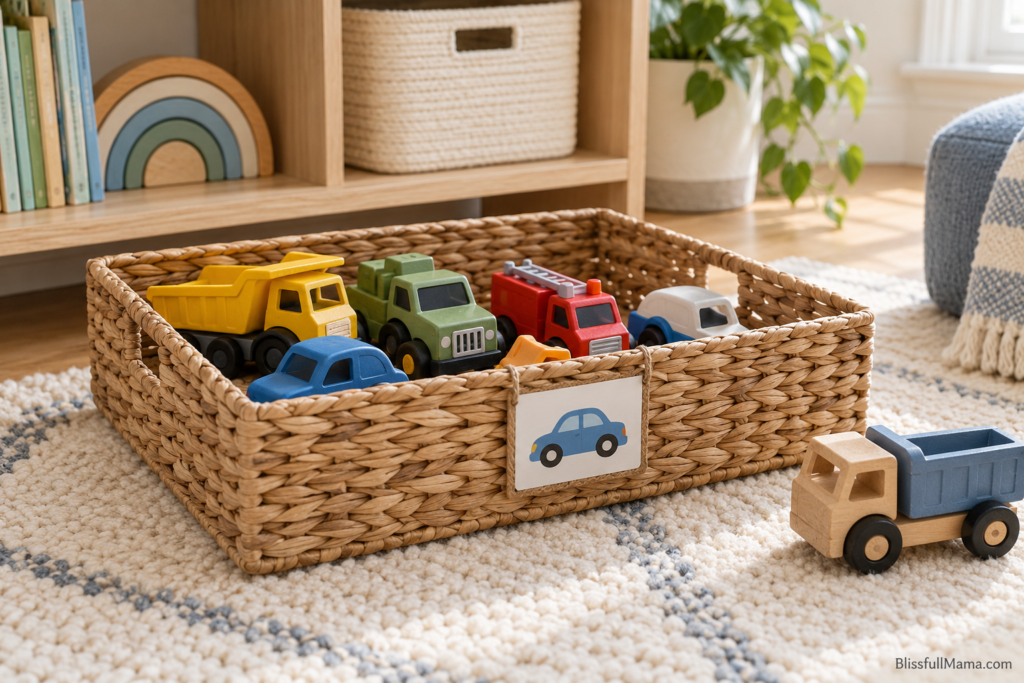 Shallow woven basket of toy cars and trucks with a car picture label.