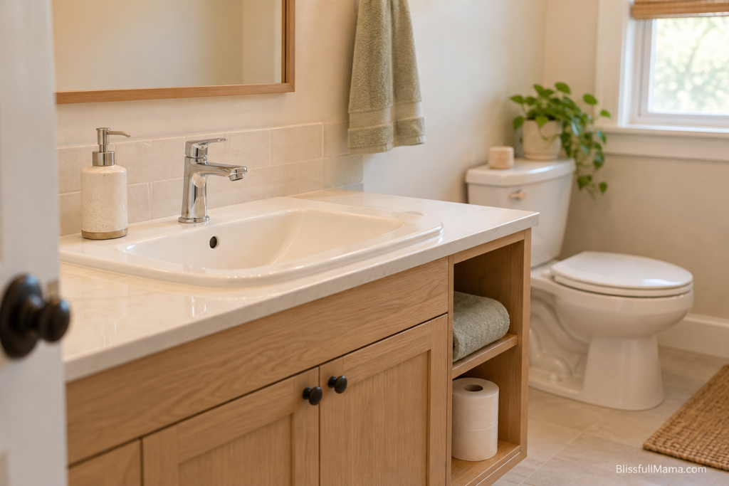 Clean bathroom sink with soap, fresh towels, and spare toilet paper.