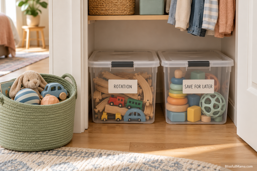 Containers labeled Rotation and Save for Later beside an everyday toy basket.