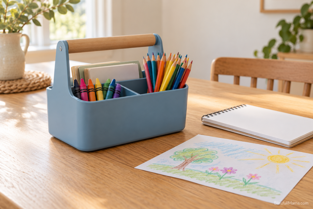 Blue carry caddy holding crayons, colored pencils, and paper on a wooden table.