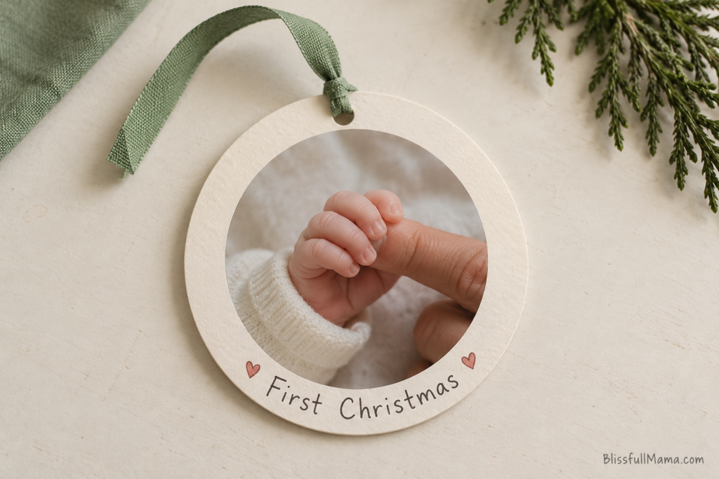 Round cardstock Christmas ornament featuring a photo of a baby’s hand holding an adult finger.