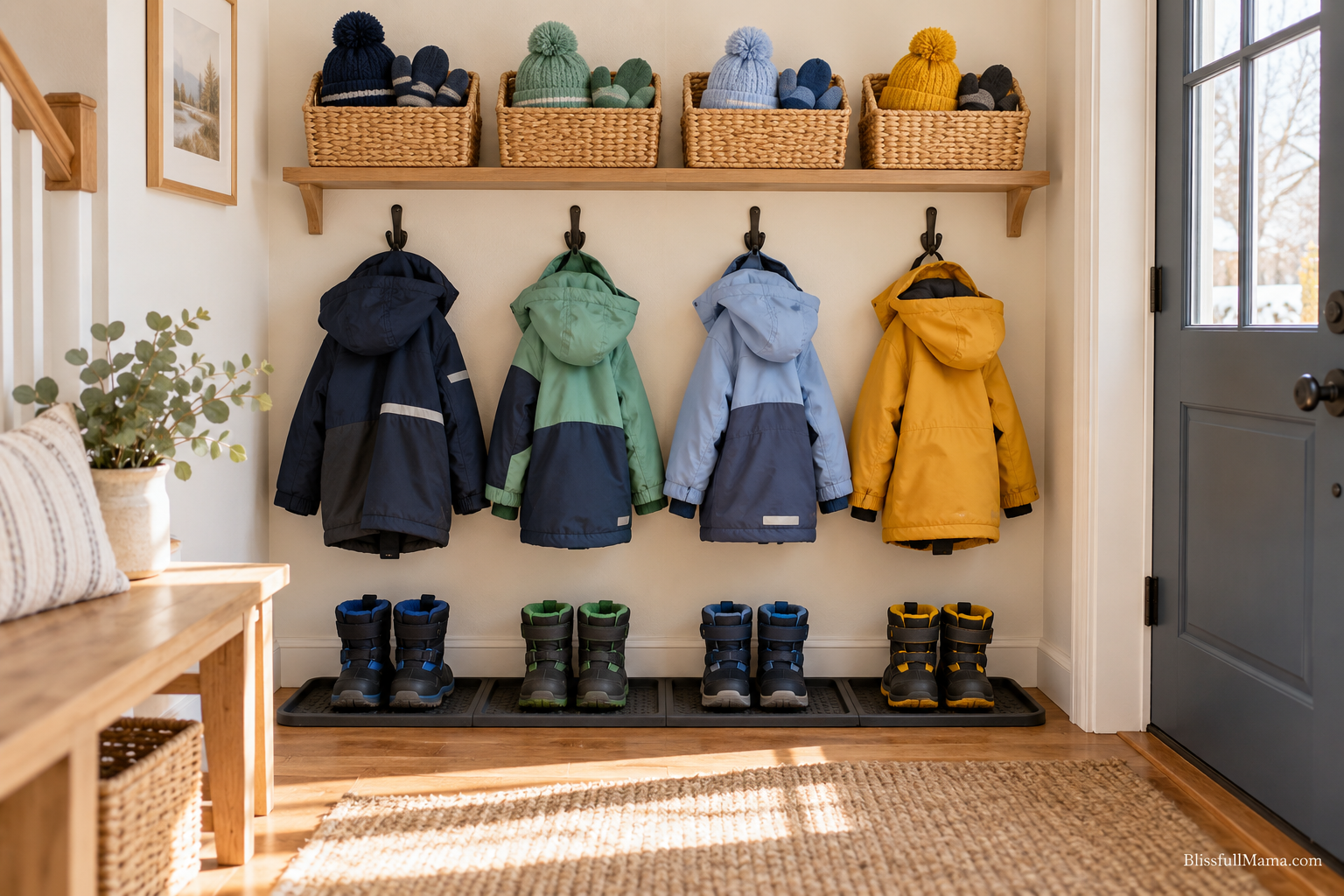 Four boys’ winter coats, accessory baskets, and pairs of boots organized by the door