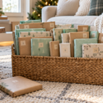 Basket of wrapped books with numbered labels for a Christmas book countdown.