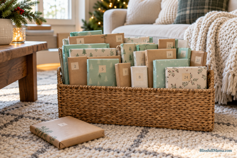 Basket of wrapped books with numbered labels for a Christmas book countdown.