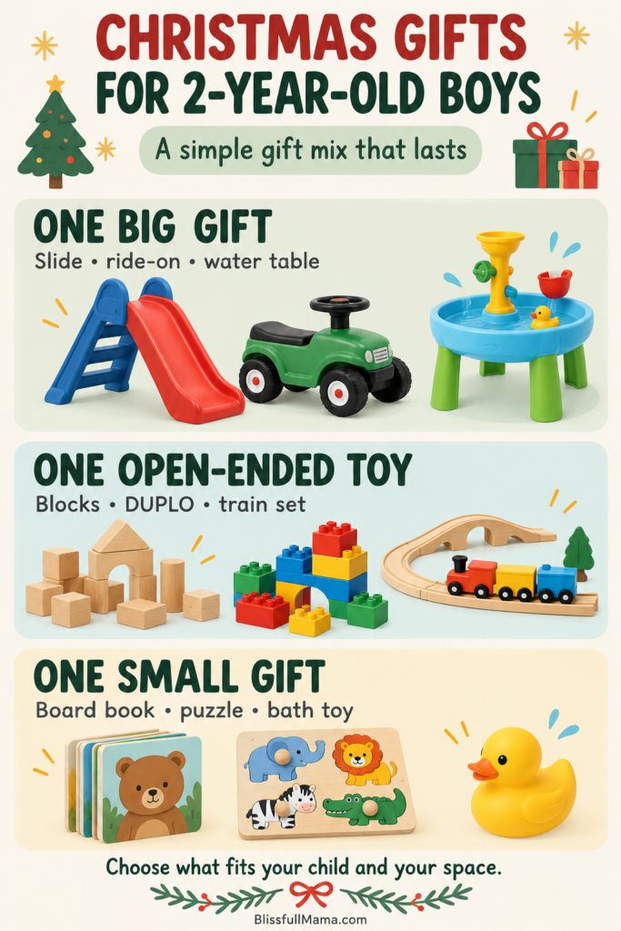Christmas gift plan for a 2-year-old boy: one big gift, one open-ended toy, and one small gift