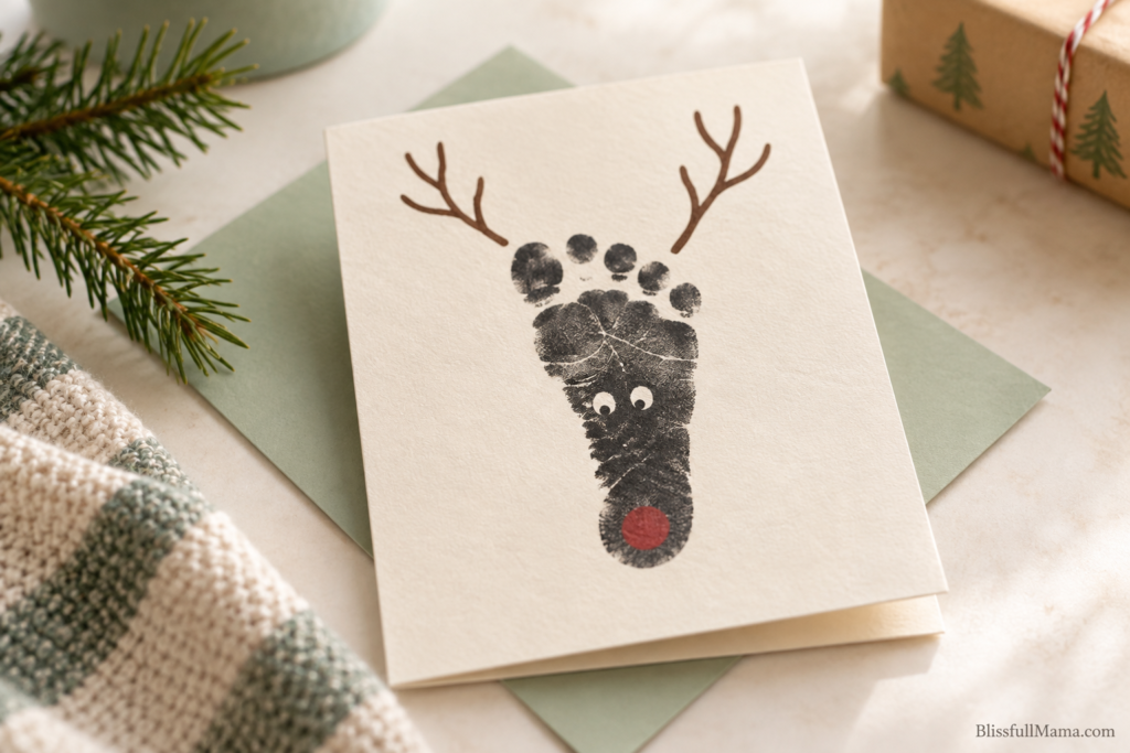 Baby footprint reindeer card with brown drawn antlers, black eyes, and a red nose.