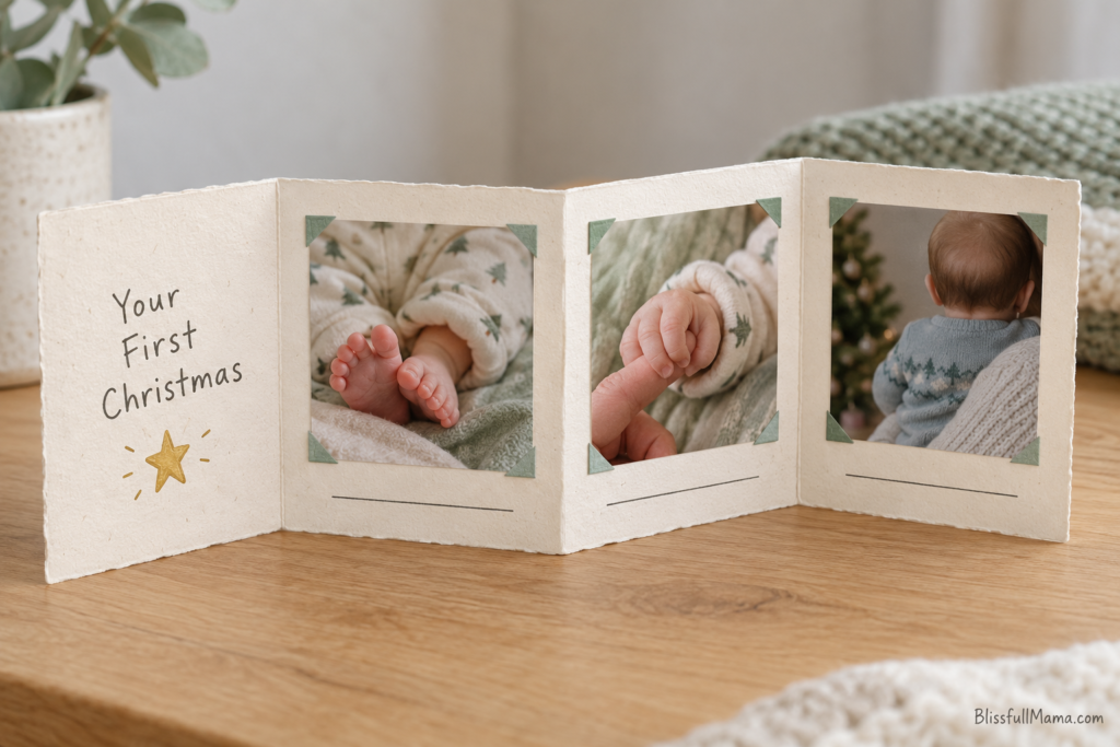 Accordion Christmas photo book with pictures of baby feet, a tiny hand holding an adult finger, and a baby viewed from behind.