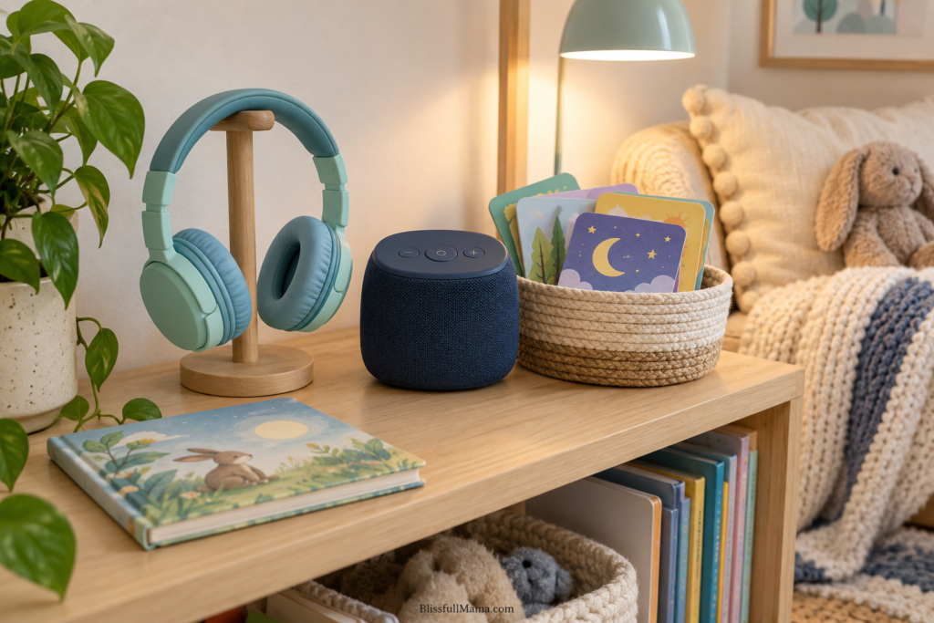 Screen-free audiobook setup with children’s headphones, story cards and an audio speaker.