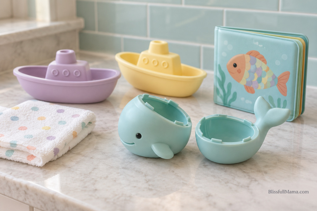 Pastel bath boats, an openable whale toy, a washcloth and a fish bath book on a bathroom counter.