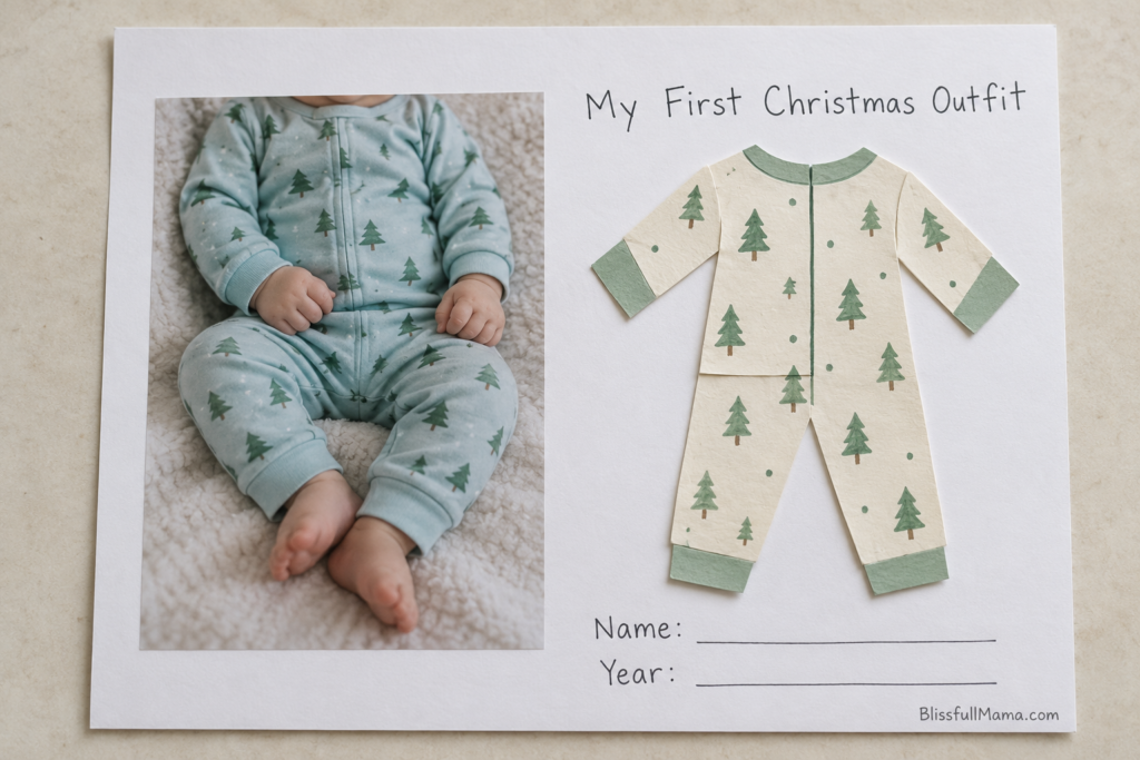 First Christmas outfit keepsake with a faceless baby photo beside a paper pajama cutout decorated with green trees.