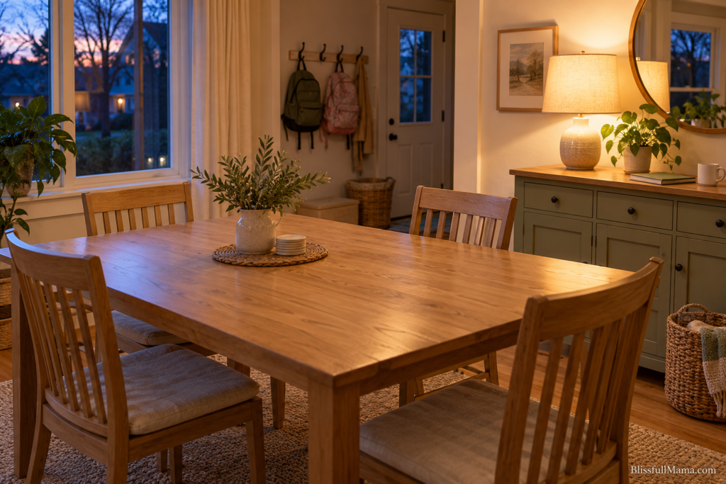 Clear family dining table with warm evening lighting and school bags hanging nearby.