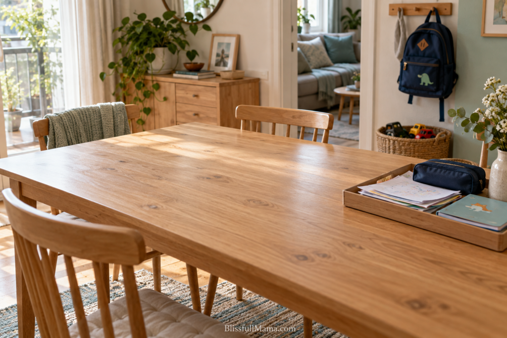 Clear dining table with school papers gathered in a tray and a backpack hanging nearby.