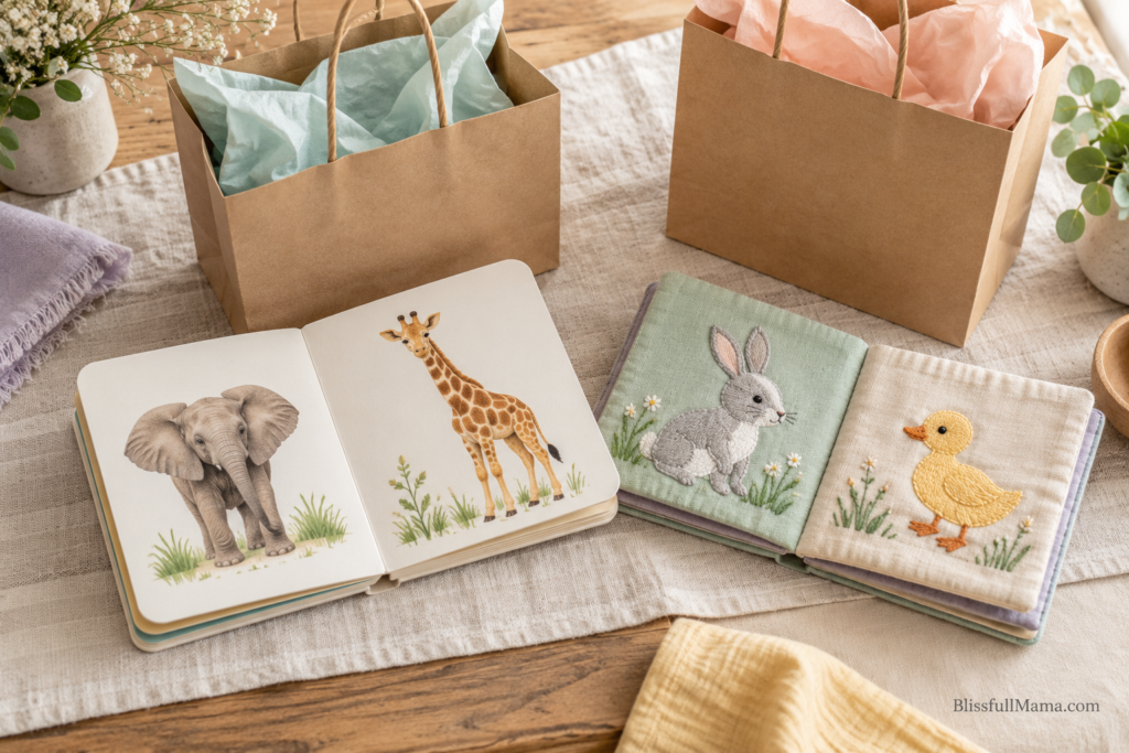An open animal board book and embroidered cloth books beside paper gift bags.