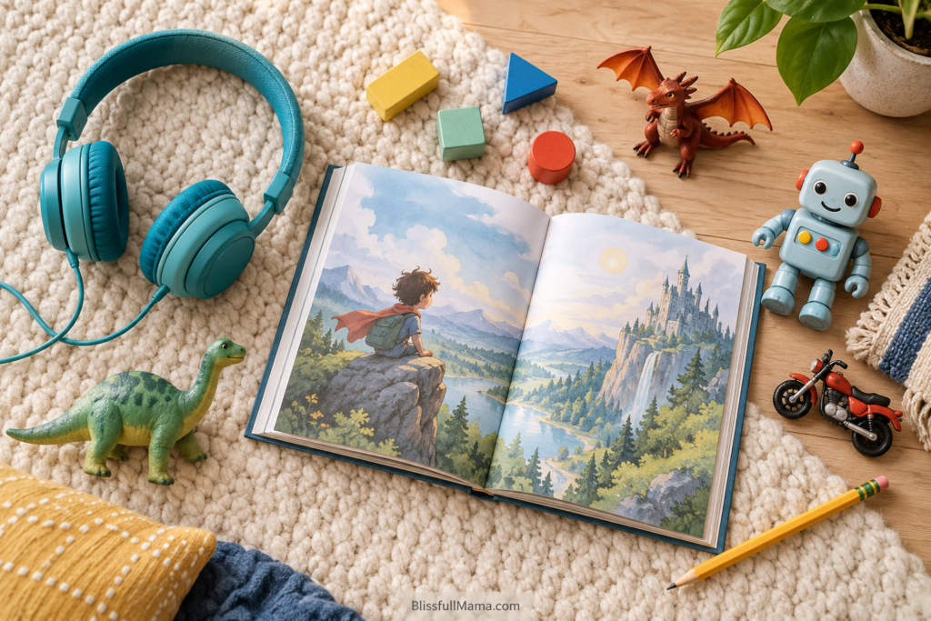 Children’s headphones, an illustrated book and adventure toys representing audiobooks for reluctant readers.