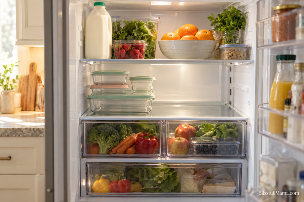 Refrigerator with fresh groceries, stacked food containers, and available shelf space.